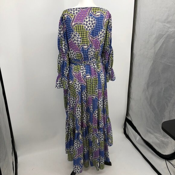 CQ by CQ multicolor geometric patchwork long sleeve ruffle Wrap Maxi dress Lg - Picture 13 of 14